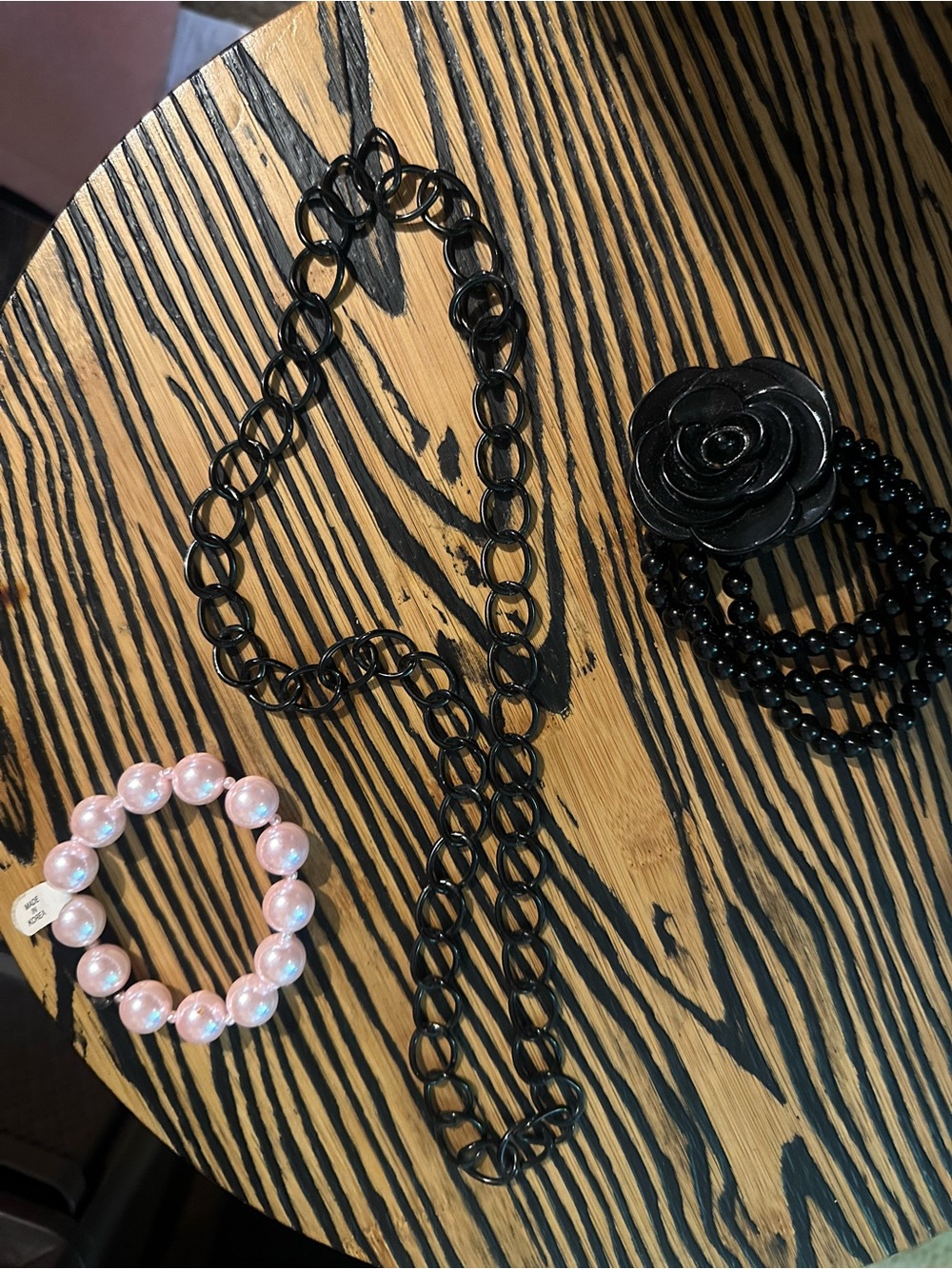 Black Chain Necklace with Black Flower Bracelet and Pink Pearl Bracelet Set